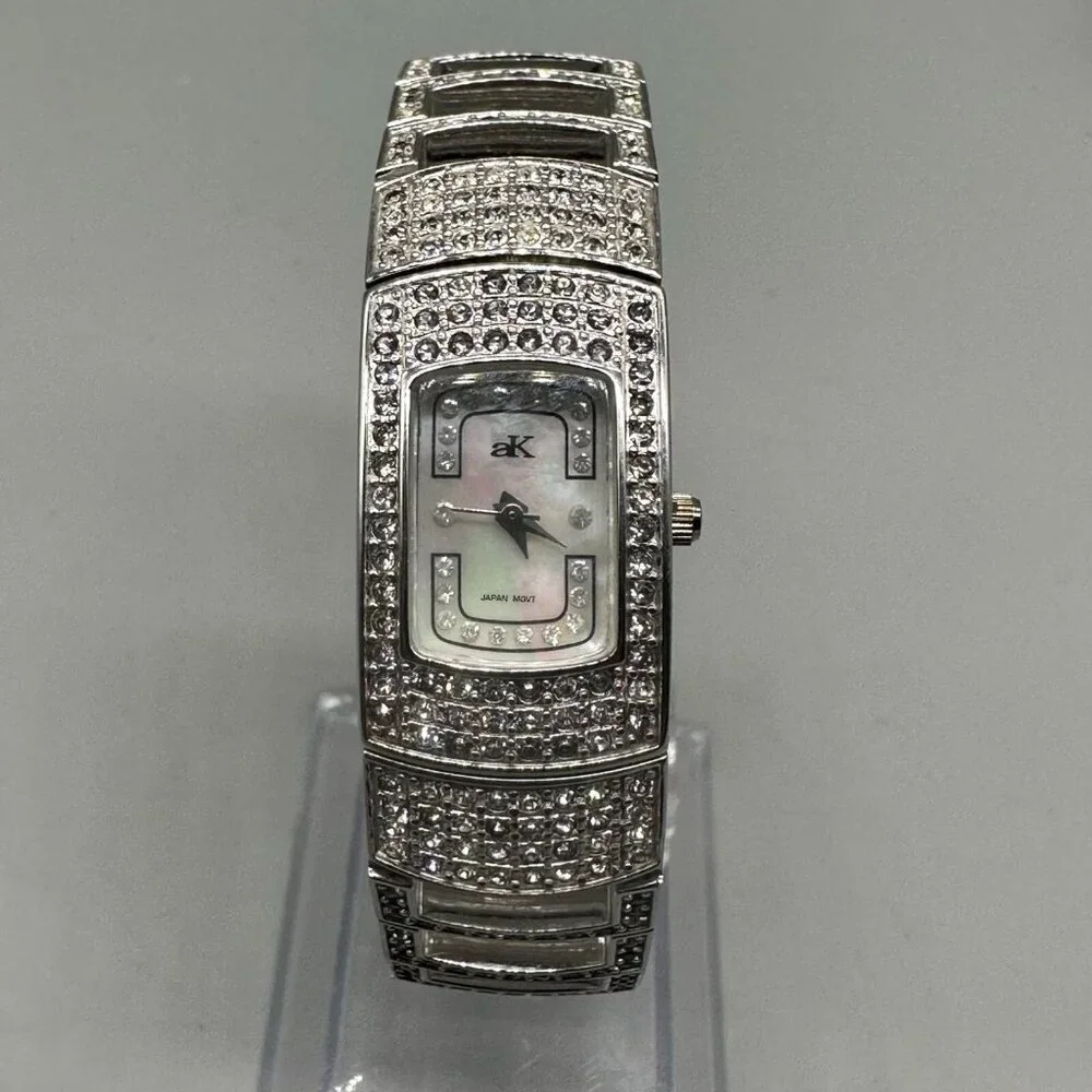 Adee Kaye Watch Women Silver Rhinestone Bracelet Mother of Pearl Dial Works 7
